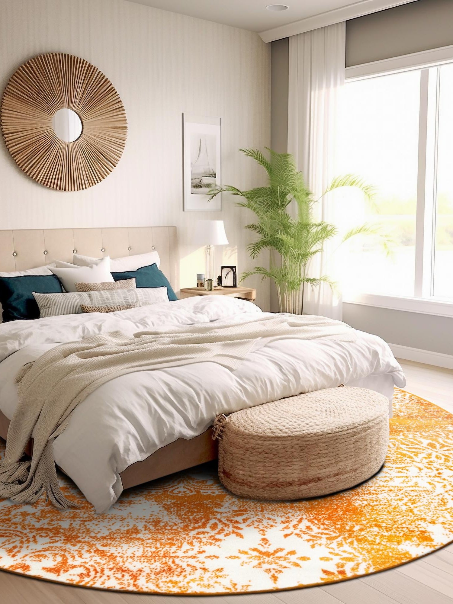Orange 5' 3 x 5' 3 Sofia Round Area Rug Durable Easy Clean Stain Resistant Unique Carpet for Affordable Interior Home Design for Sale at Rug Engine