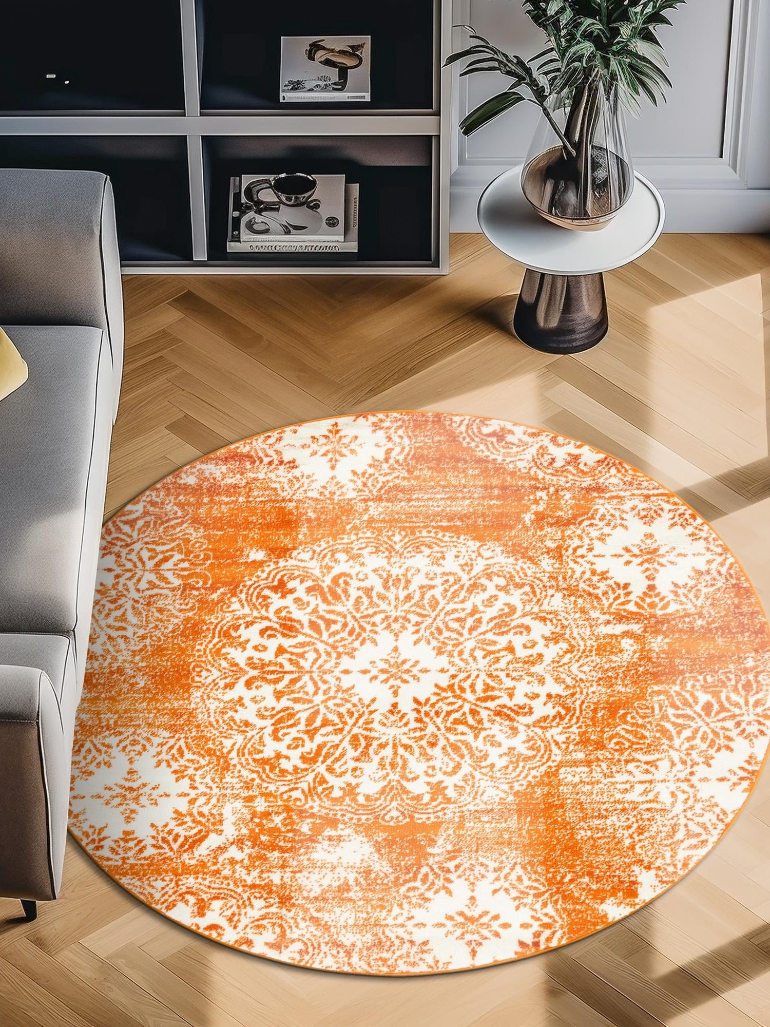 Orange 5' 3 x 5' 3 Sofia Round Area Rug Durable Easy Clean Stain Resistant Unique Carpet for Affordable Interior Home Design for Sale at Rug Engine