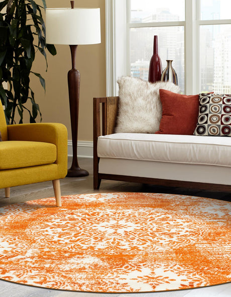 Orange 7' 1 x 7' 1 Sofia Round Area Rug Durable Easy Clean Stain Resistant Unique Carpet for Affordable Interior Home Design for Sale at Rug Engine