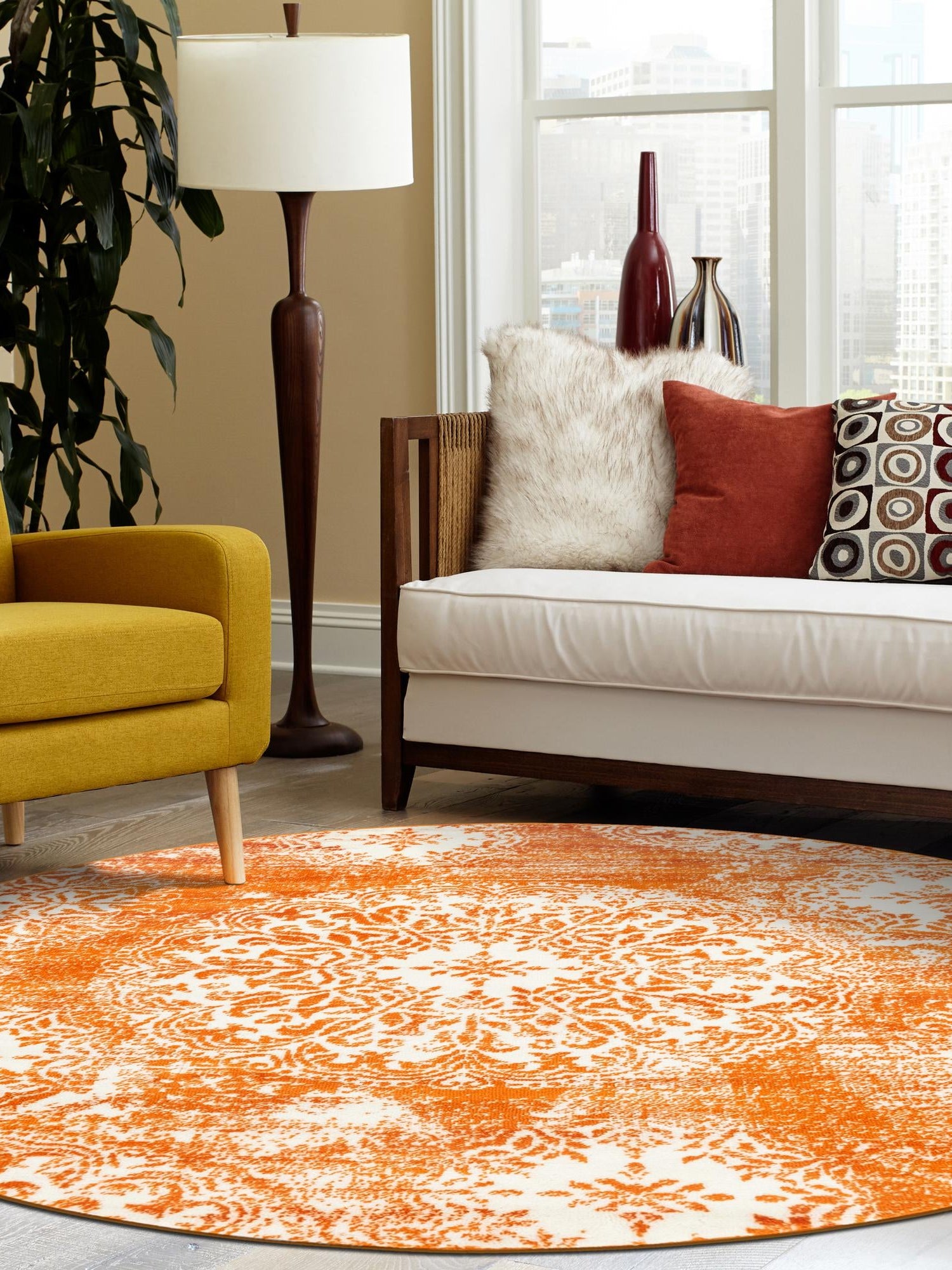 Orange 5' 3 x 5' 3 Sofia Round Area Rug Durable Easy Clean Stain Resistant Unique Carpet for Affordable Interior Home Design for Sale at Rug Engine