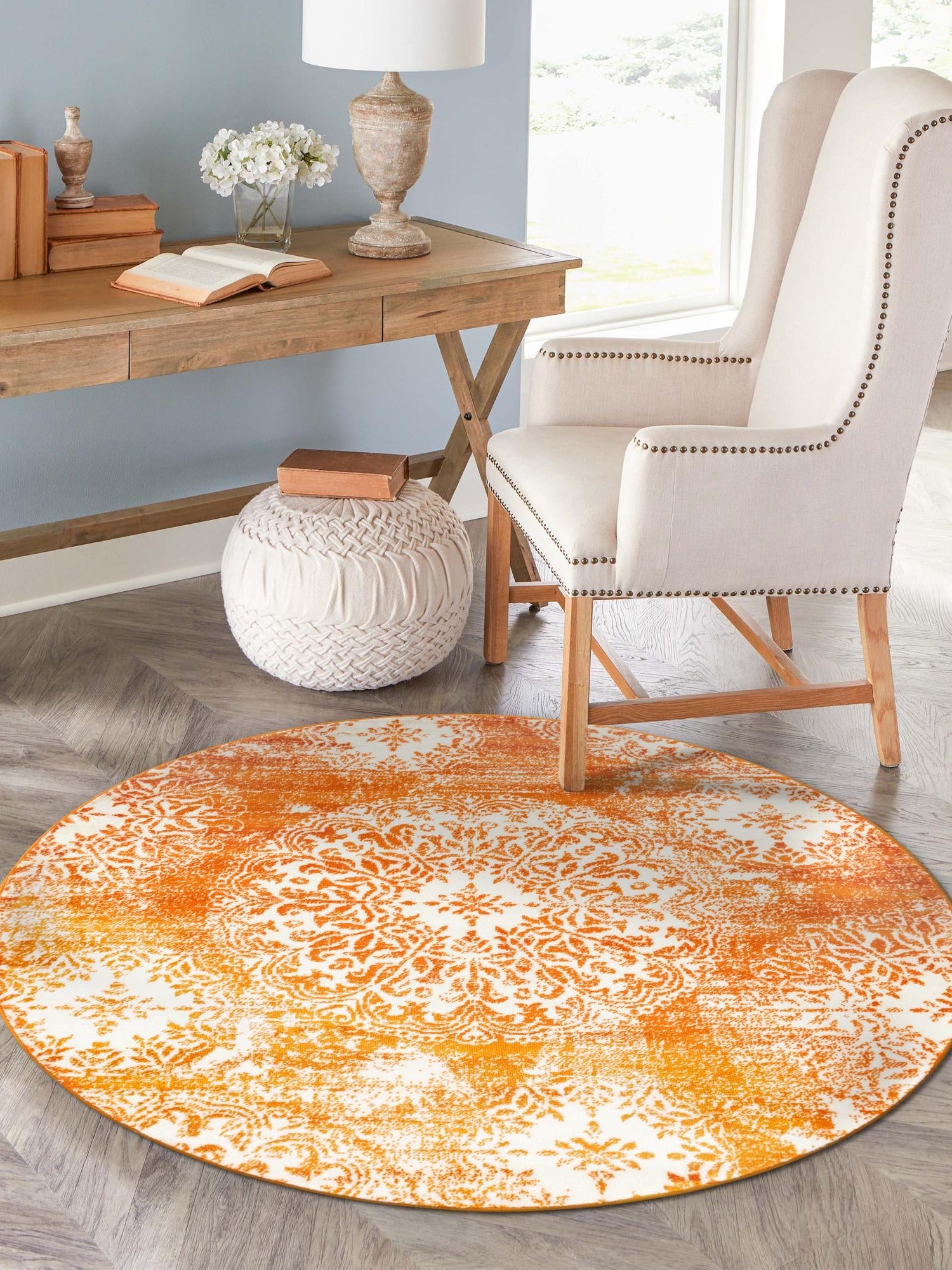 Orange 5' 3 x 5' 3 Sofia Round Area Rug Durable Easy Clean Stain Resistant Unique Carpet for Affordable Interior Home Design for Sale at Rug Engine
