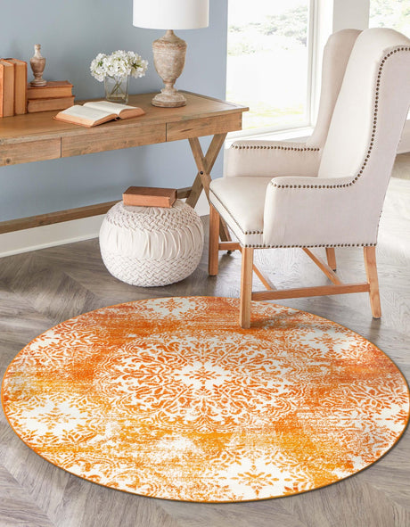 Orange 5' 3 x 5' 3 Sofia Round Area Rug Durable Easy Clean Stain Resistant Unique Carpet for Affordable Interior Home Design for Sale at Rug Engine