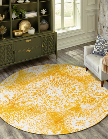 Yellow 5' 3 x 5' 3 Sofia Round Area Rug Durable Easy Clean Stain Resistant Unique Carpet for Affordable Interior Home Design for Sale at Rug Engine