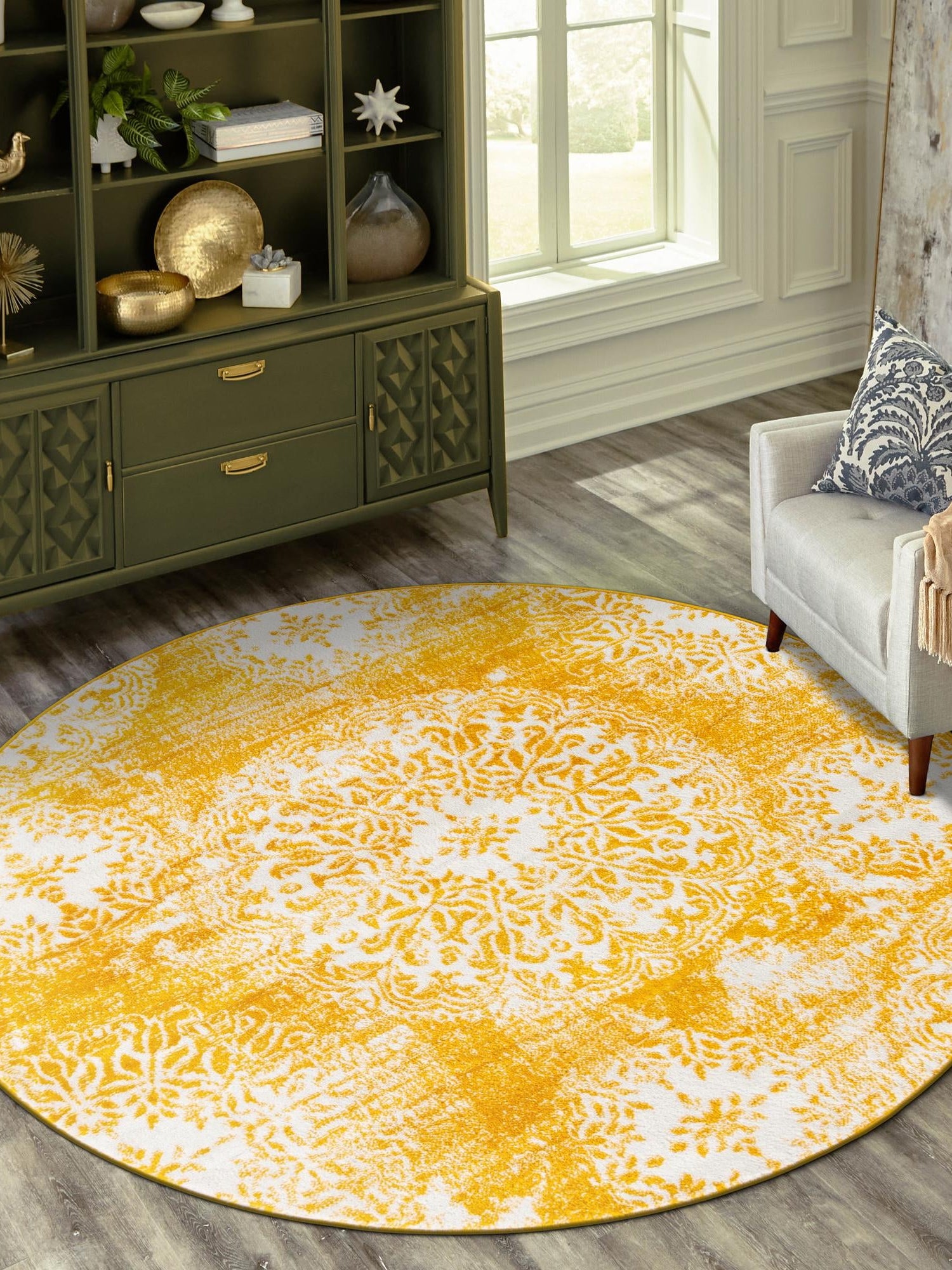 Yellow 7' 1 x 7' 1 Sofia Round Area Rug Durable Easy Clean Stain Resistant Unique Carpet for Affordable Interior Home Design for Sale at Rug Engine