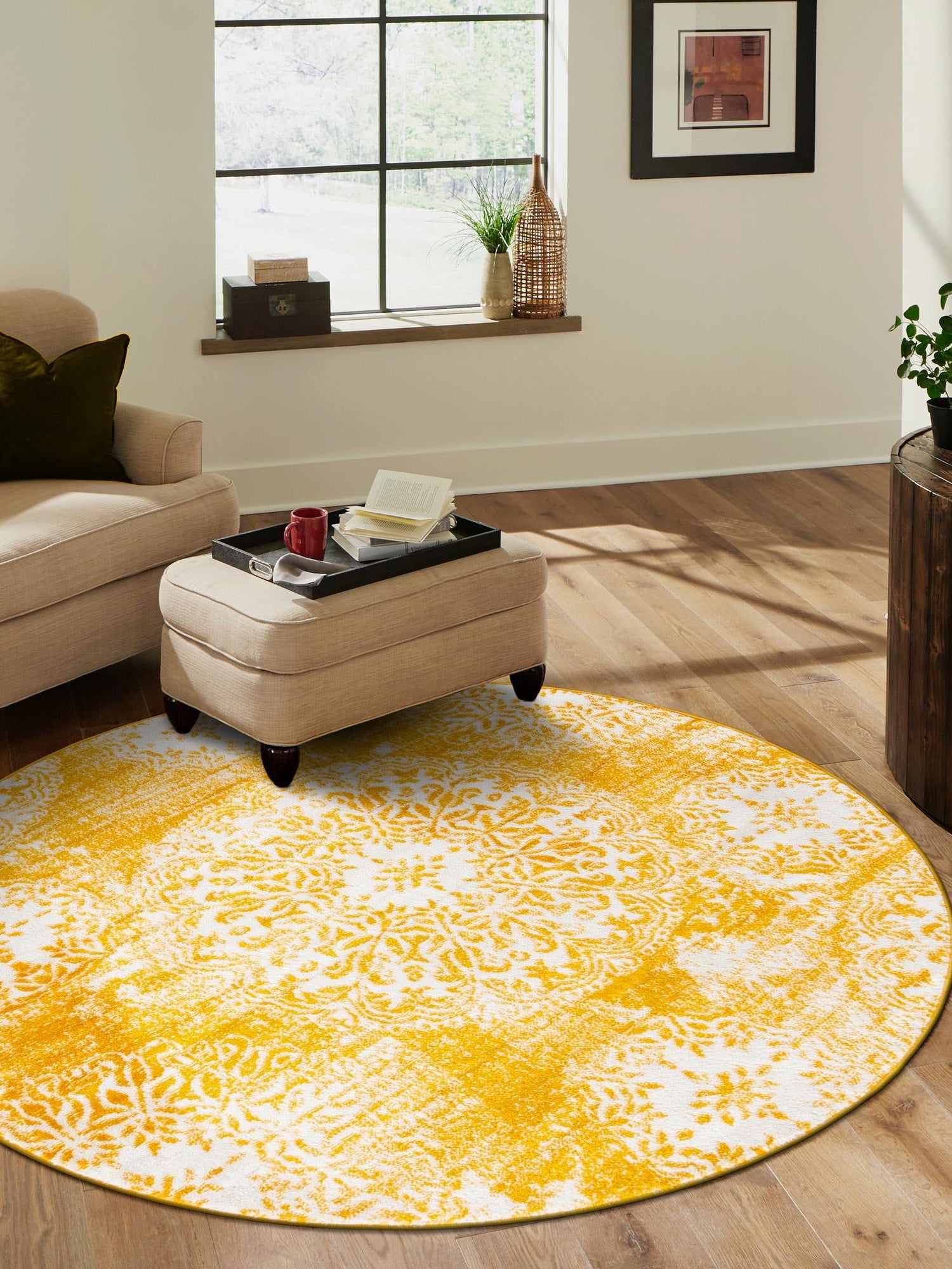Yellow 7' 1 x 7' 1 Sofia Round Area Rug Durable Easy Clean Stain Resistant Unique Carpet for Affordable Interior Home Design for Sale at Rug Engine