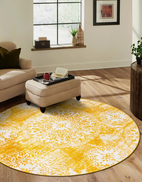 Yellow 7' 1 x 7' 1 Sofia Round Area Rug Durable Easy Clean Stain Resistant Unique Carpet for Affordable Interior Home Design for Sale at Rug Engine