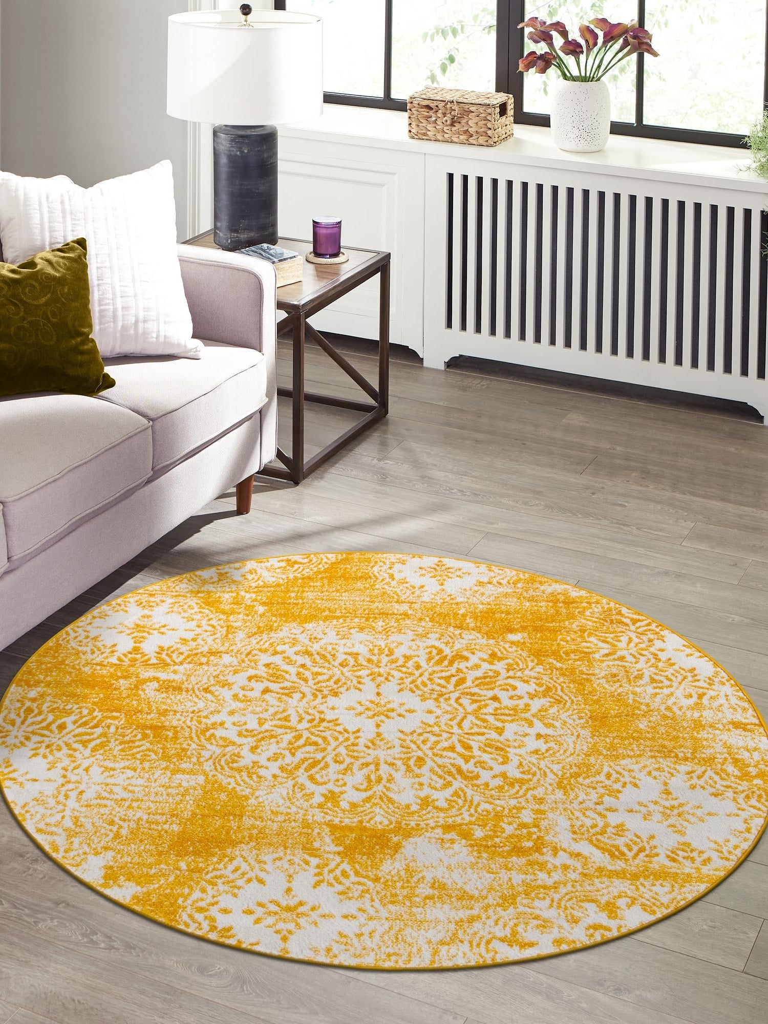 Yellow 7' 1 x 7' 1 Sofia Round Area Rug Durable Easy Clean Stain Resistant Unique Carpet for Affordable Interior Home Design for Sale at Rug Engine