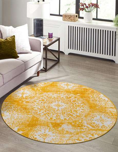 Yellow 7' 1 x 7' 1 Sofia Round Area Rug Durable Easy Clean Stain Resistant Unique Carpet for Affordable Interior Home Design for Sale at Rug Engine