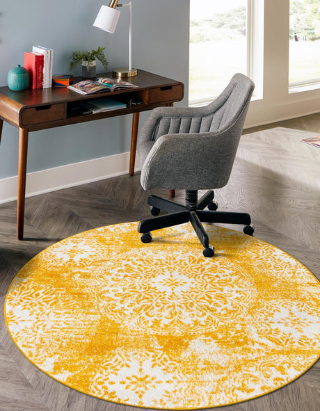 Yellow 5' 3 x 5' 3 Sofia Round Area Rug Durable Easy Clean Stain Resistant Unique Carpet for Affordable Interior Home Design for Sale at Rug Engine