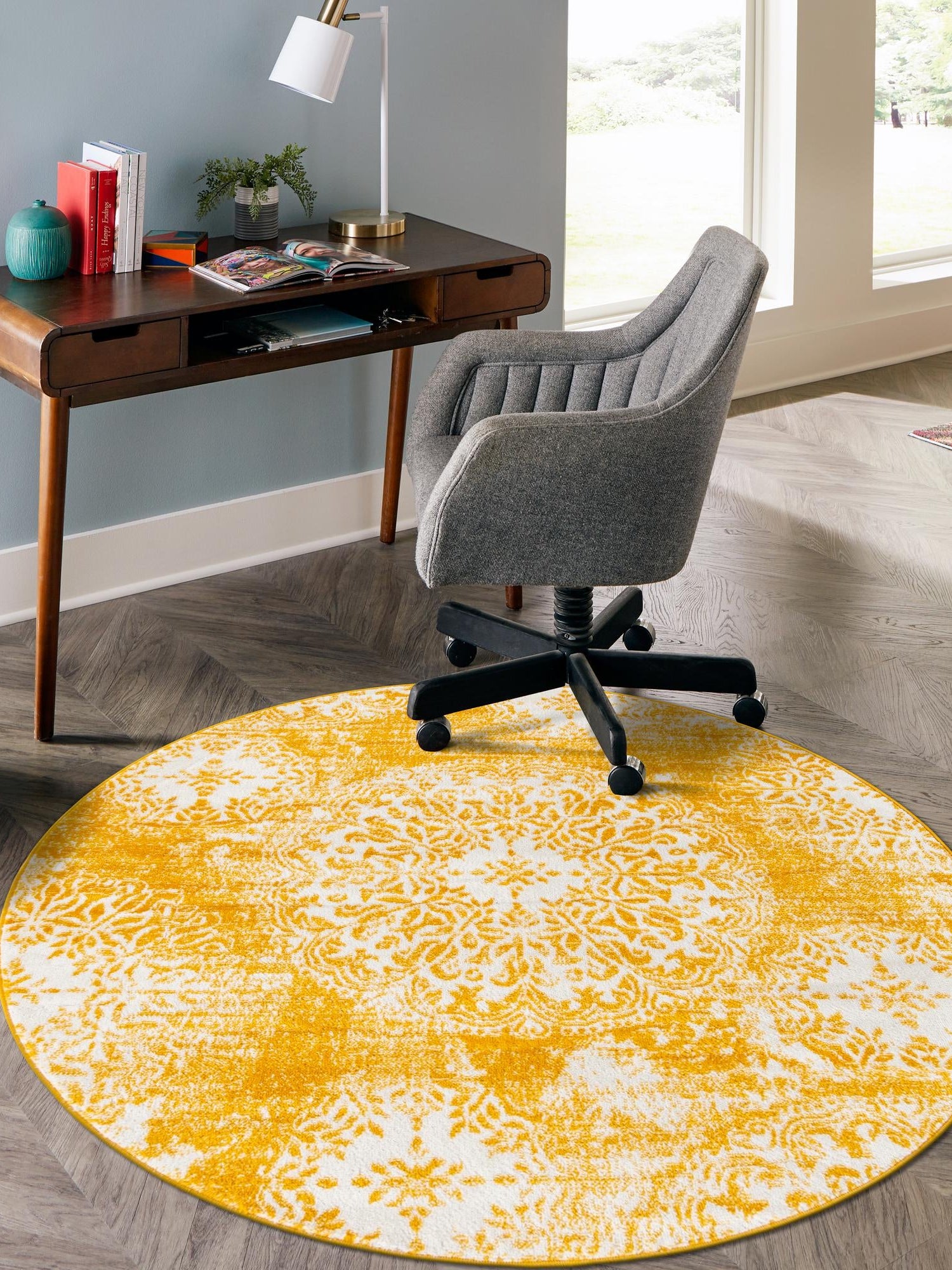 Yellow 7' 1 x 7' 1 Sofia Round Area Rug Durable Easy Clean Stain Resistant Unique Carpet for Affordable Interior Home Design for Sale at Rug Engine
