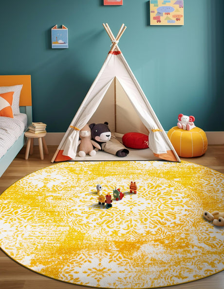Yellow 5' 3 x 5' 3 Sofia Round Area Rug Durable Easy Clean Stain Resistant Unique Carpet for Affordable Interior Home Design for Sale at Rug Engine