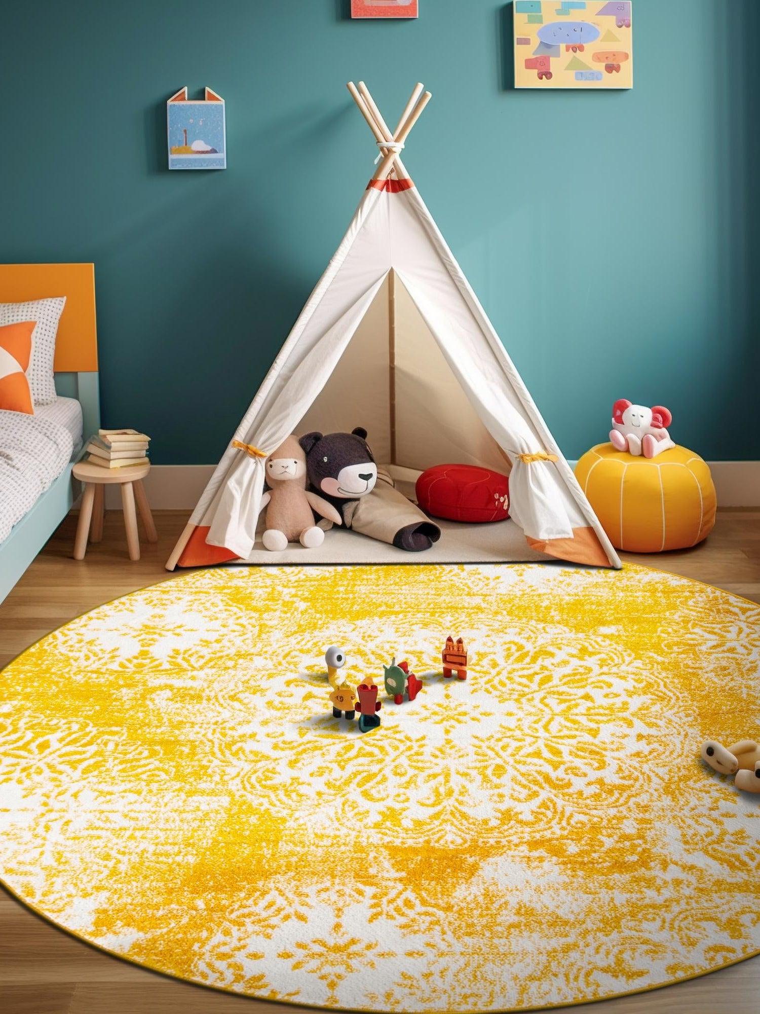 Yellow 7' 1 x 7' 1 Sofia Round Area Rug Durable Easy Clean Stain Resistant Unique Carpet for Affordable Interior Home Design for Sale at Rug Engine