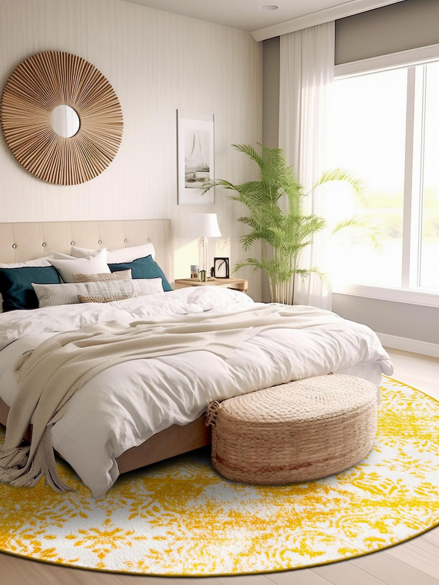 Yellow 7' 1 x 7' 1 Sofia Round Area Rug Durable Easy Clean Stain Resistant Unique Carpet for Affordable Interior Home Design for Sale at Rug Engine