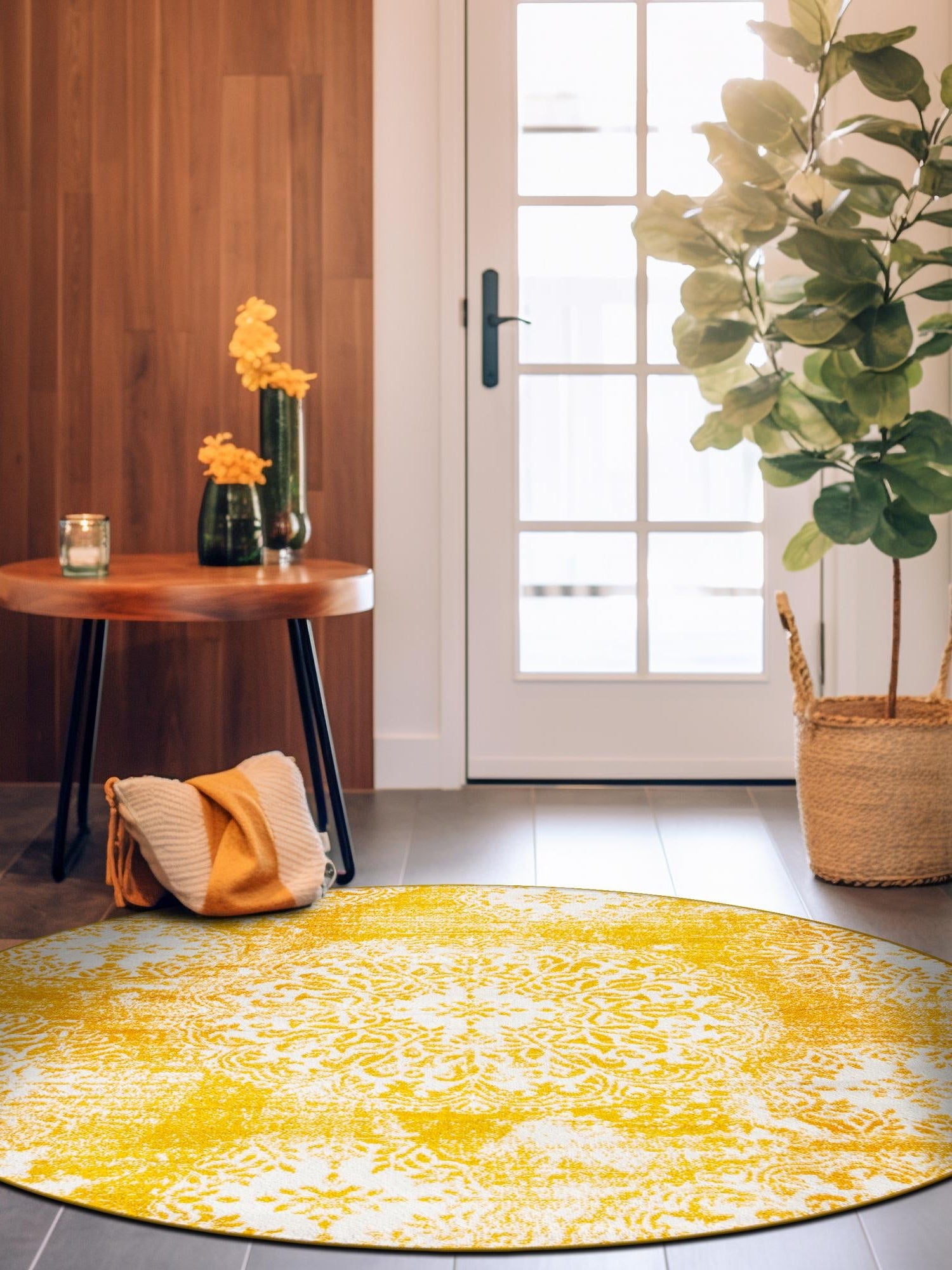 Yellow 7' 1 x 7' 1 Sofia Round Area Rug Durable Easy Clean Stain Resistant Unique Carpet for Affordable Interior Home Design for Sale at Rug Engine