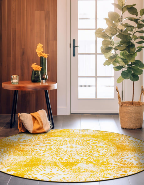 Yellow 7' 1 x 7' 1 Sofia Round Area Rug Durable Easy Clean Stain Resistant Unique Carpet for Affordable Interior Home Design for Sale at Rug Engine