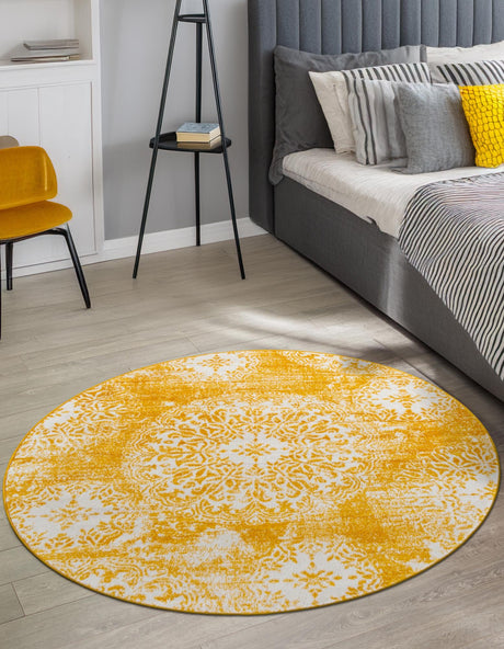Yellow 5' 3 x 5' 3 Sofia Round Area Rug Durable Easy Clean Stain Resistant Unique Carpet for Affordable Interior Home Design for Sale at Rug Engine