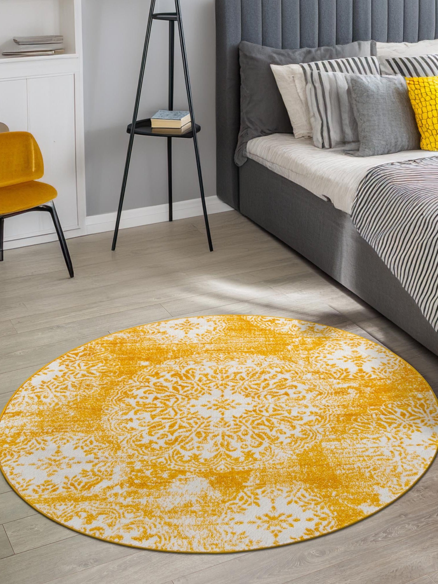 Yellow 7' 1 x 7' 1 Sofia Round Area Rug Durable Easy Clean Stain Resistant Unique Carpet for Affordable Interior Home Design for Sale at Rug Engine