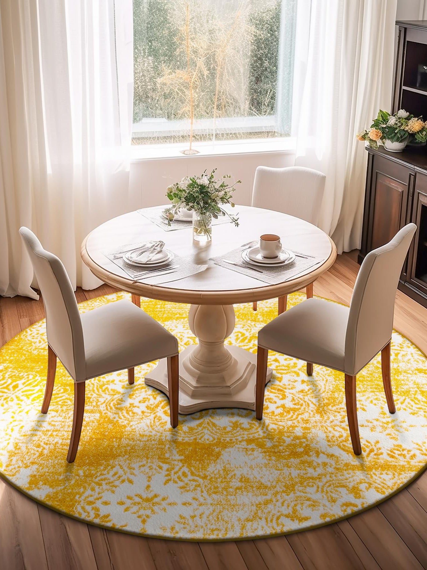 Yellow 7' 1 x 7' 1 Sofia Round Area Rug Durable Easy Clean Stain Resistant Unique Carpet for Affordable Interior Home Design for Sale at Rug Engine