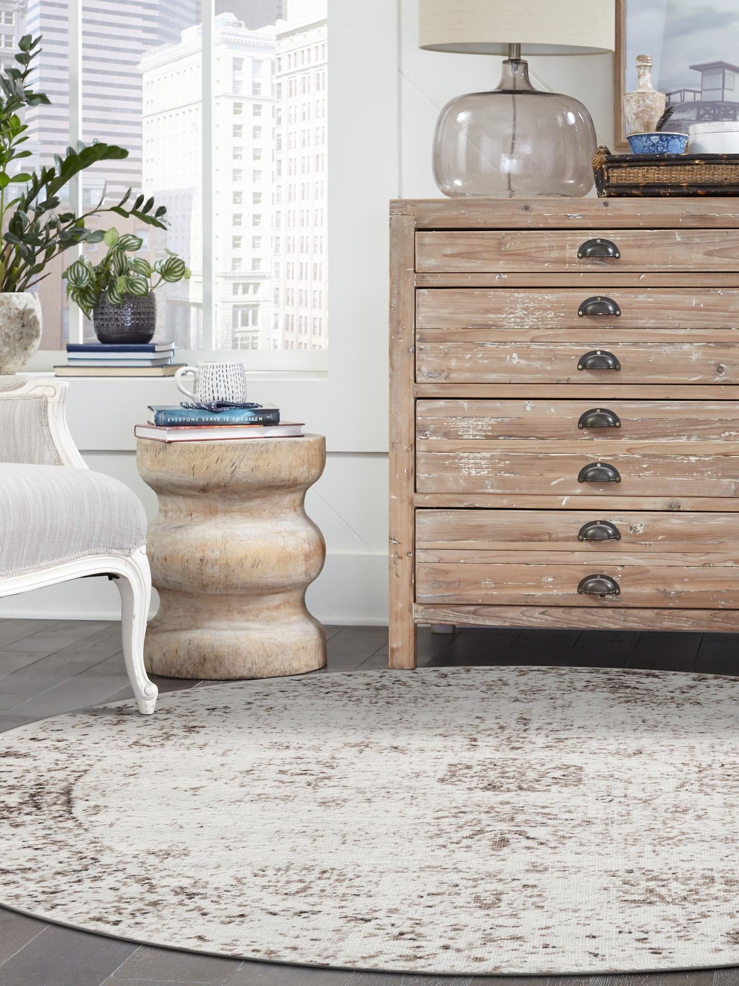Beige 4' 1 x 4' 1 Sofia Round Area Rug Durable Easy Clean Stain Resistant Unique Carpet for Affordable Interior Home Design for Sale at Rug Engine