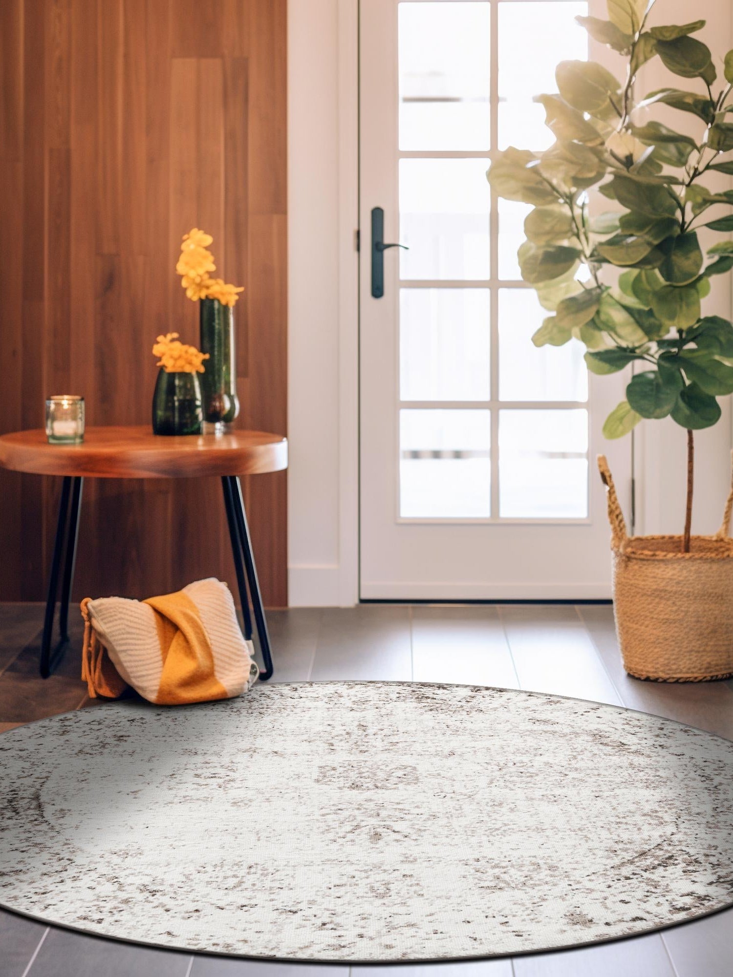 Beige 7' 1 x 7' 1 Sofia Round Area Rug Durable Easy Clean Stain Resistant Unique Carpet for Affordable Interior Home Design for Sale at Rug Engine