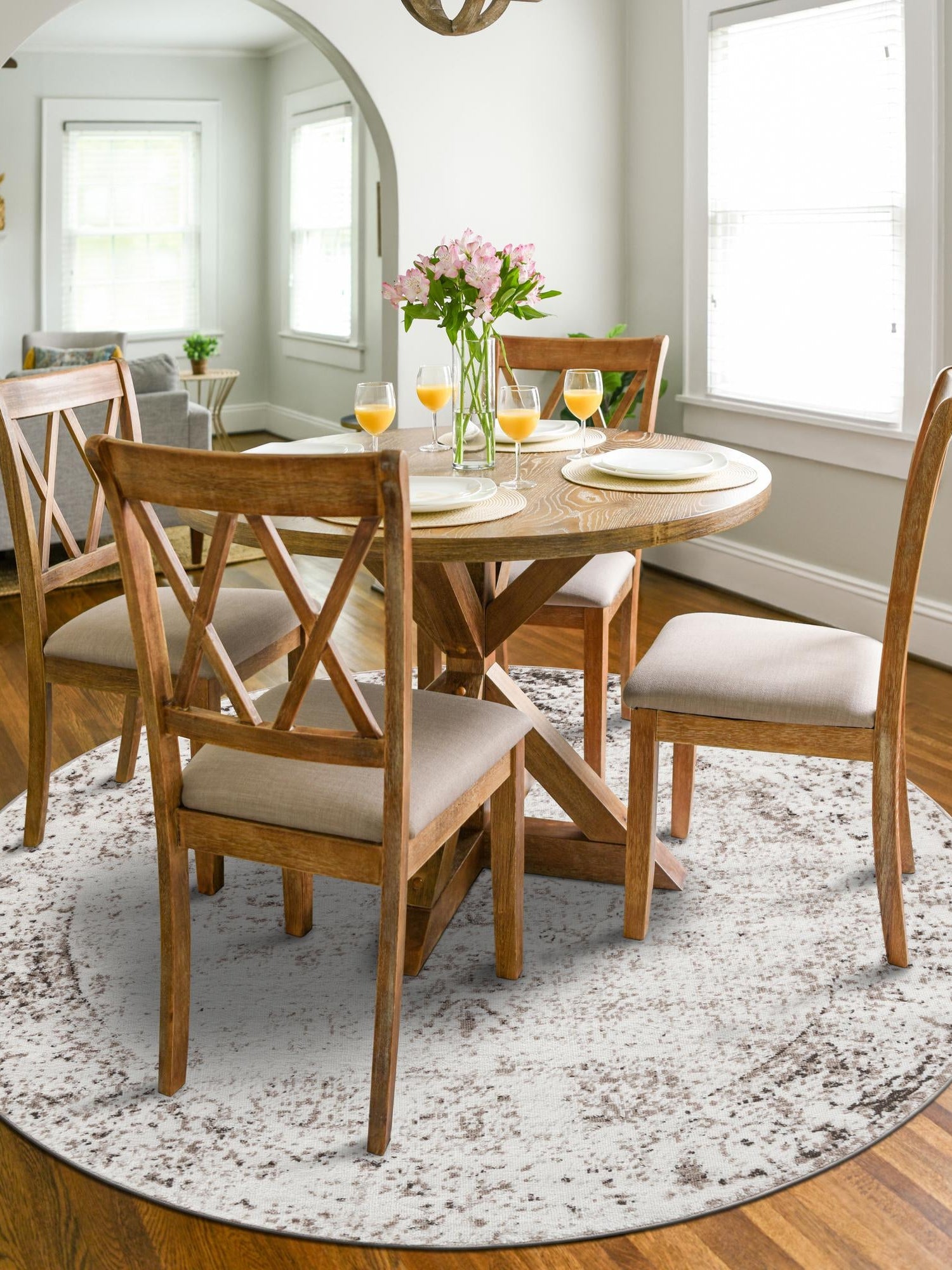 Beige 7' 1 x 7' 1 Sofia Round Area Rug Durable Easy Clean Stain Resistant Unique Carpet for Affordable Interior Home Design for Sale at Rug Engine