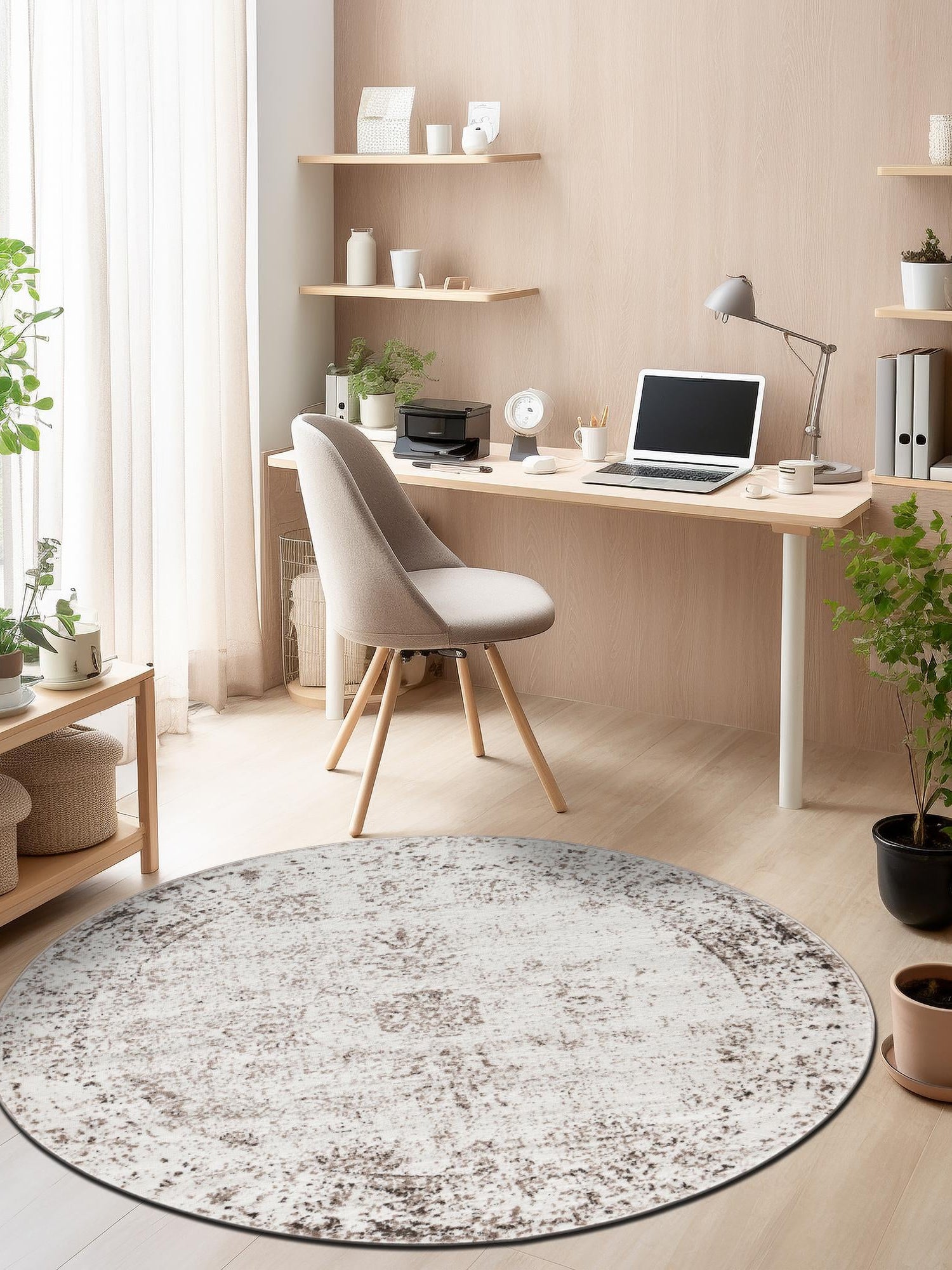 Beige 7' 1 x 7' 1 Sofia Round Area Rug Durable Easy Clean Stain Resistant Unique Carpet for Affordable Interior Home Design for Sale at Rug Engine