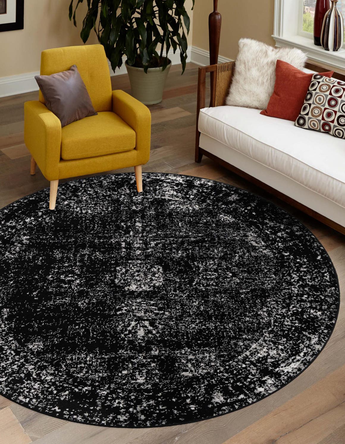 Black 6' 1 x 6' 1 Sofia Round Area Rug Durable Easy Clean Stain Resistant Unique Carpet for Affordable Interior Home Design for Sale at Rug Engine
