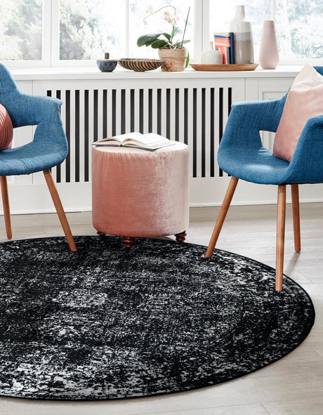 Black 7' 10 x 7' 10 Sofia Round Area Rug Durable Easy Clean Stain Resistant Unique Carpet for Affordable Interior Home Design for Sale at Rug Engine