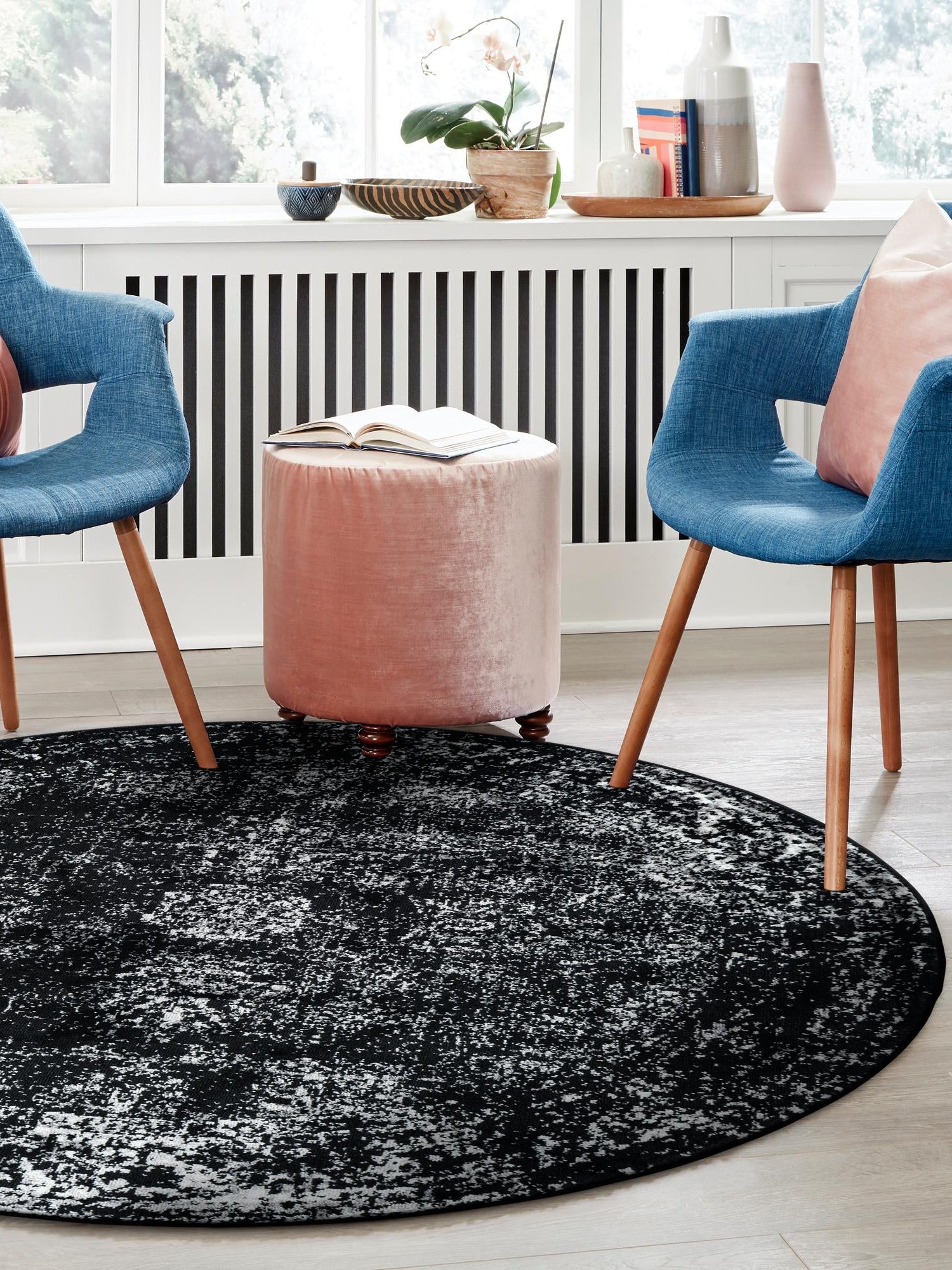 Black 7' 1 x 7' 1 Sofia Round Area Rug Durable Easy Clean Stain Resistant Unique Carpet for Affordable Interior Home Design for Sale at Rug Engine