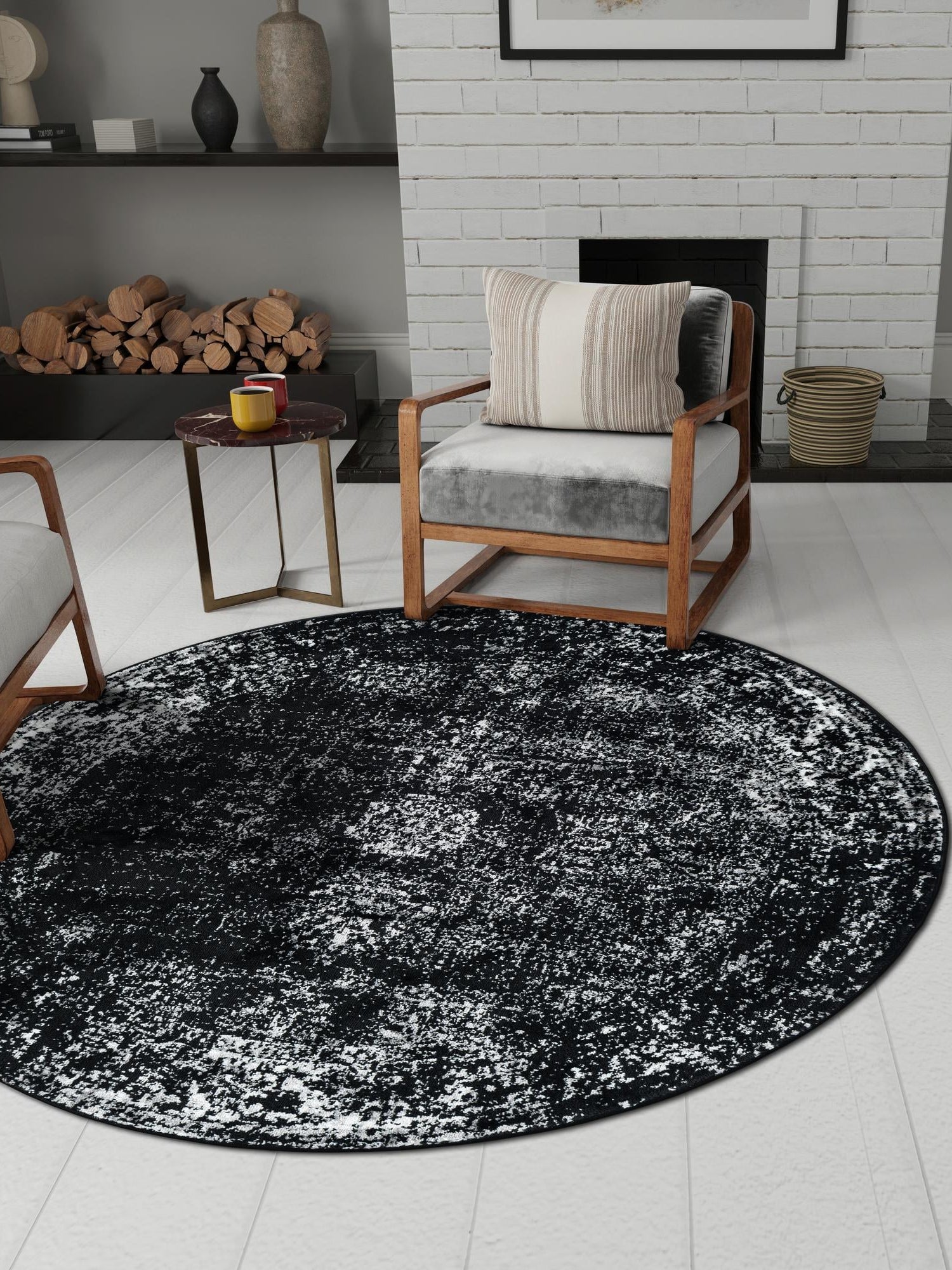 Black 6' 1 x 6' 1 Sofia Round Area Rug Durable Easy Clean Stain Resistant Unique Carpet for Affordable Interior Home Design for Sale at Rug Engine