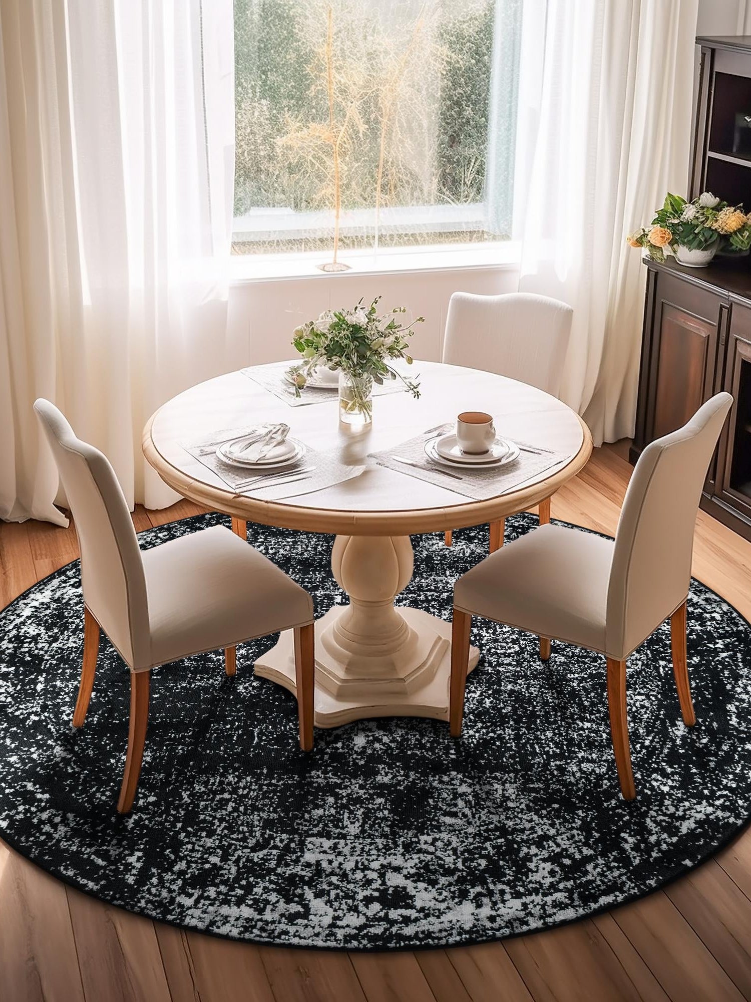 Black 5' 3 x 5' 3 Sofia Round Area Rug Durable Easy Clean Stain Resistant Unique Carpet for Affordable Interior Home Design for Sale at Rug Engine