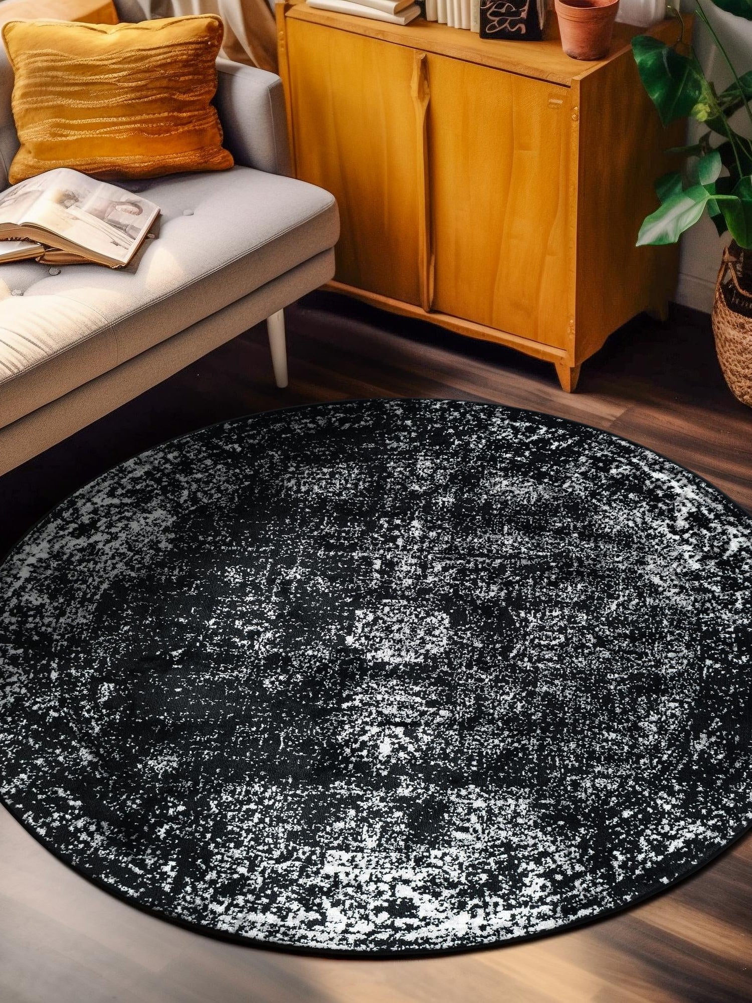 Black 6' 1 x 6' 1 Sofia Round Area Rug Durable Easy Clean Stain Resistant Unique Carpet for Affordable Interior Home Design for Sale at Rug Engine