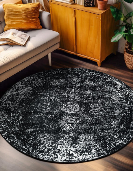 Black 6' 1 x 6' 1 Sofia Round Area Rug Durable Easy Clean Stain Resistant Unique Carpet for Affordable Interior Home Design for Sale at Rug Engine