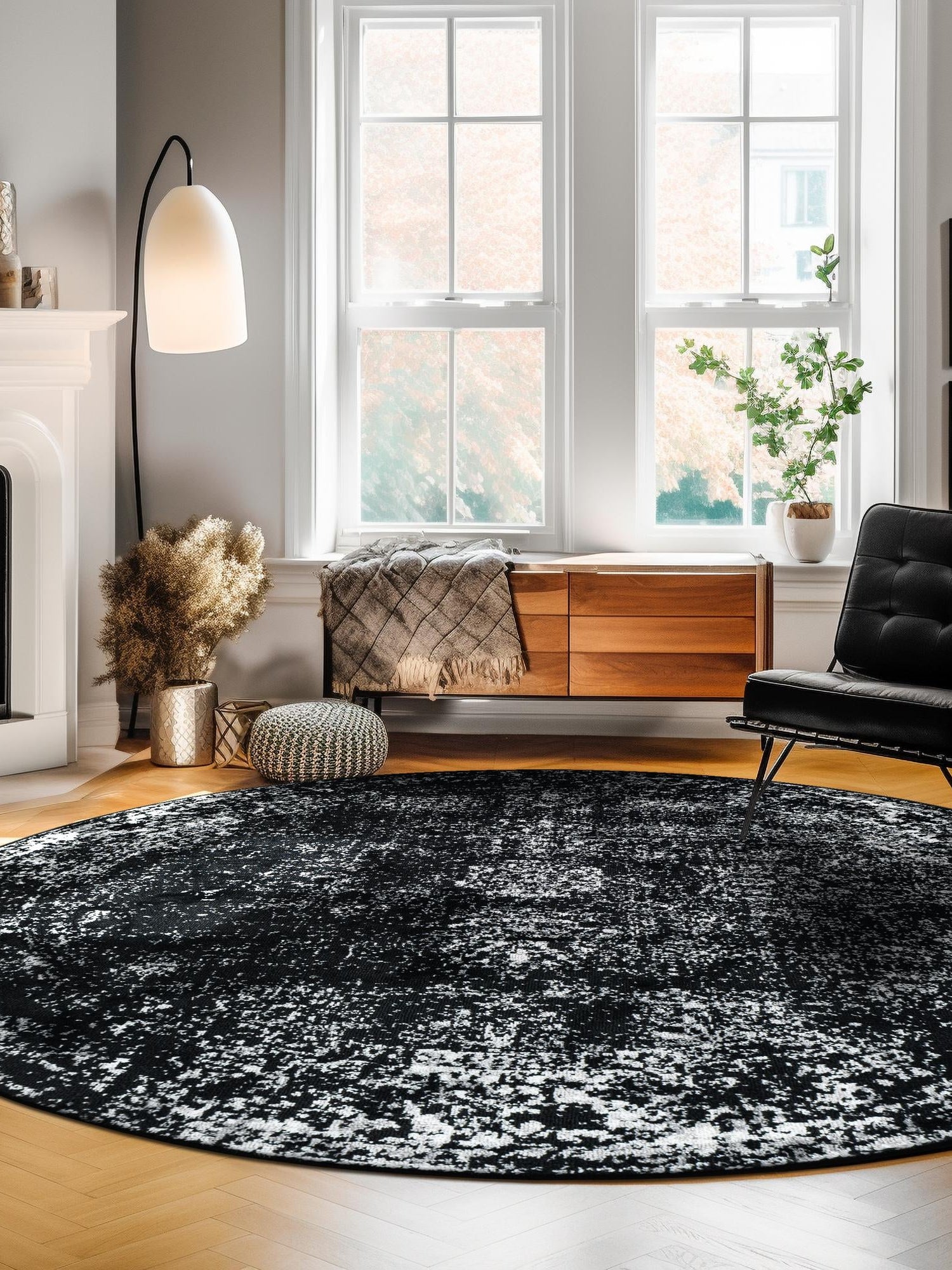 Black 5' 3 x 5' 3 Sofia Round Area Rug Durable Easy Clean Stain Resistant Unique Carpet for Affordable Interior Home Design for Sale at Rug Engine