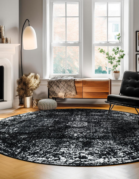 Black 5' 3 x 5' 3 Sofia Round Area Rug Durable Easy Clean Stain Resistant Unique Carpet for Affordable Interior Home Design for Sale at Rug Engine
