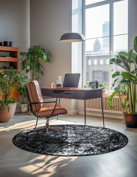 Black 7' 10 x 7' 10 Sofia Round Area Rug Durable Easy Clean Stain Resistant Unique Carpet for Affordable Interior Home Design for Sale at Rug Engine