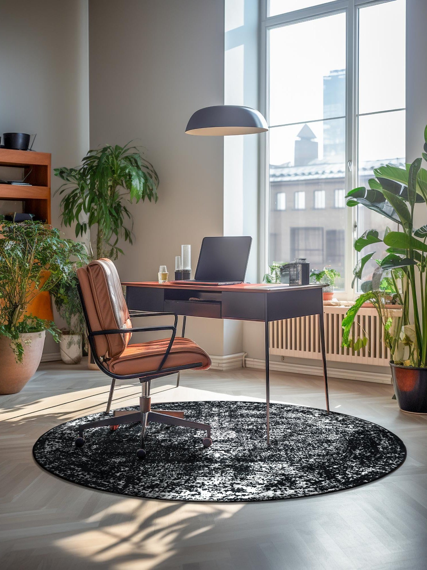Black 5' 3 x 5' 3 Sofia Round Area Rug Durable Easy Clean Stain Resistant Unique Carpet for Affordable Interior Home Design for Sale at Rug Engine
