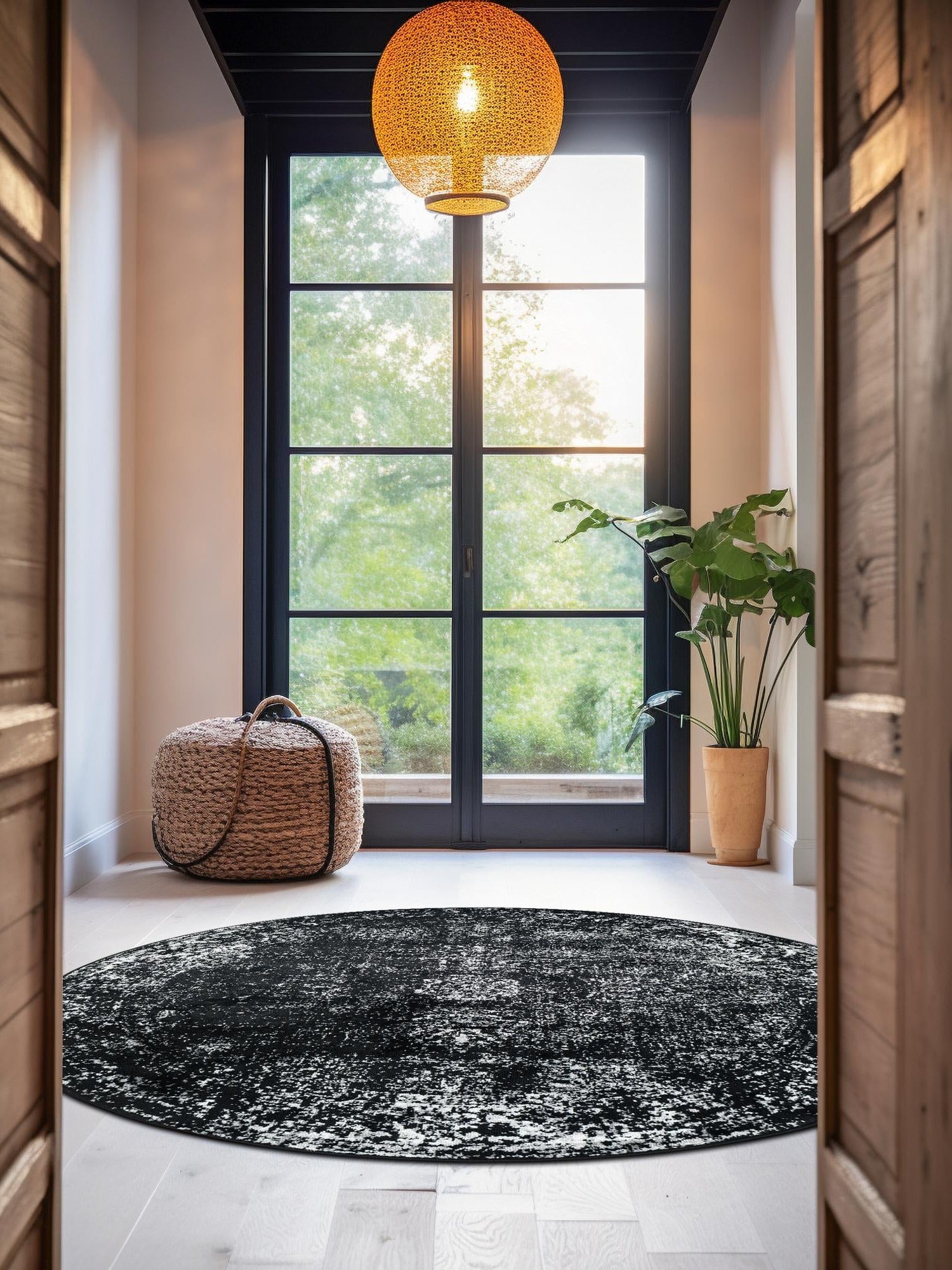 Black 5' 3 x 5' 3 Sofia Round Area Rug Durable Easy Clean Stain Resistant Unique Carpet for Affordable Interior Home Design for Sale at Rug Engine