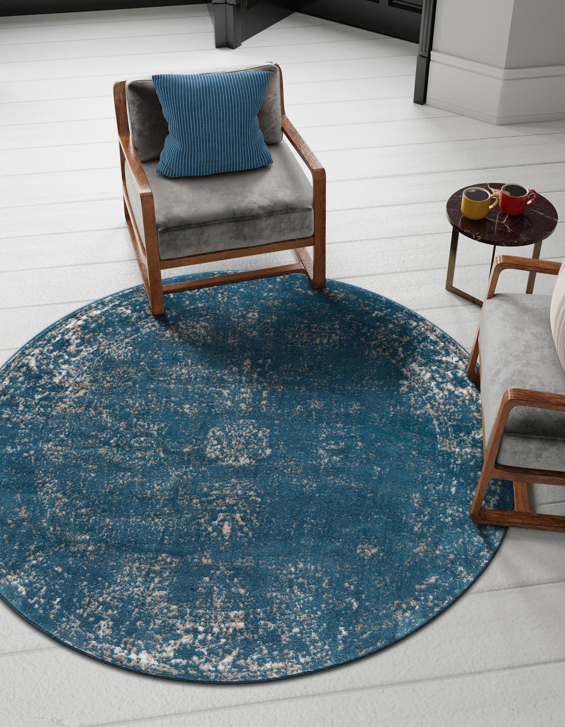Blue 5' 3 x 5' 3 Sofia Round Area Rug Durable Easy Clean Stain Resistant Unique Carpet for Affordable Interior Home Design for Sale at Rug Engine