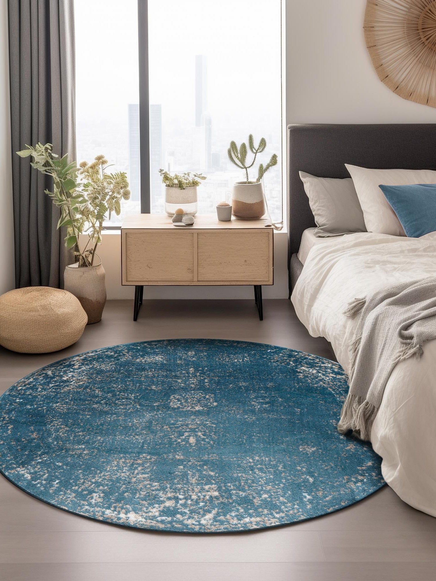 Blue 7' 1 x 7' 1 Sofia Round Area Rug Durable Easy Clean Stain Resistant Unique Carpet for Affordable Interior Home Design for Sale at Rug Engine