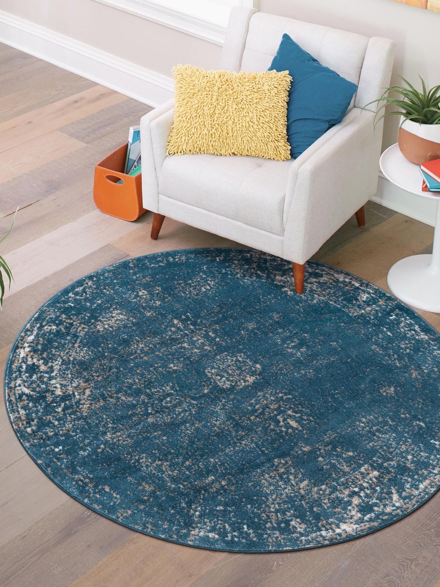 Blue 7' 1 x 7' 1 Sofia Round Area Rug Durable Easy Clean Stain Resistant Unique Carpet for Affordable Interior Home Design for Sale at Rug Engine