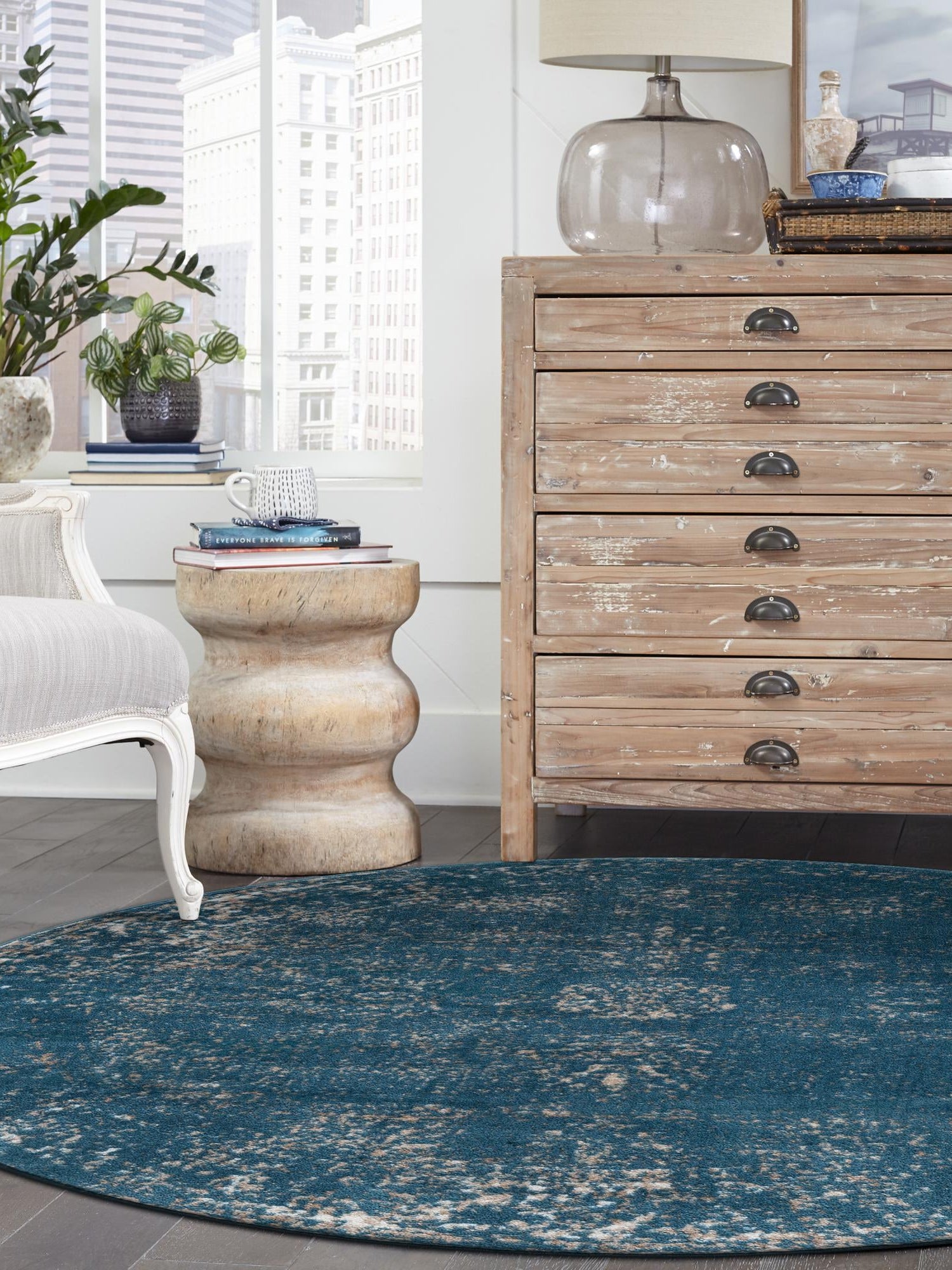 Blue 7' 1 x 7' 1 Sofia Round Area Rug Durable Easy Clean Stain Resistant Unique Carpet for Affordable Interior Home Design for Sale at Rug Engine