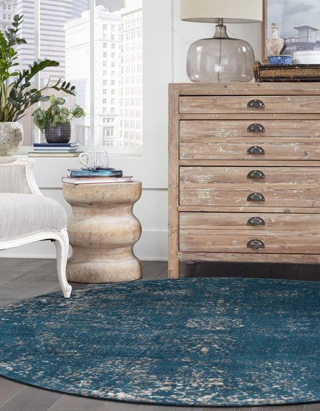 Blue 7' 1 x 7' 1 Sofia Round Area Rug Durable Easy Clean Stain Resistant Unique Carpet for Affordable Interior Home Design for Sale at Rug Engine