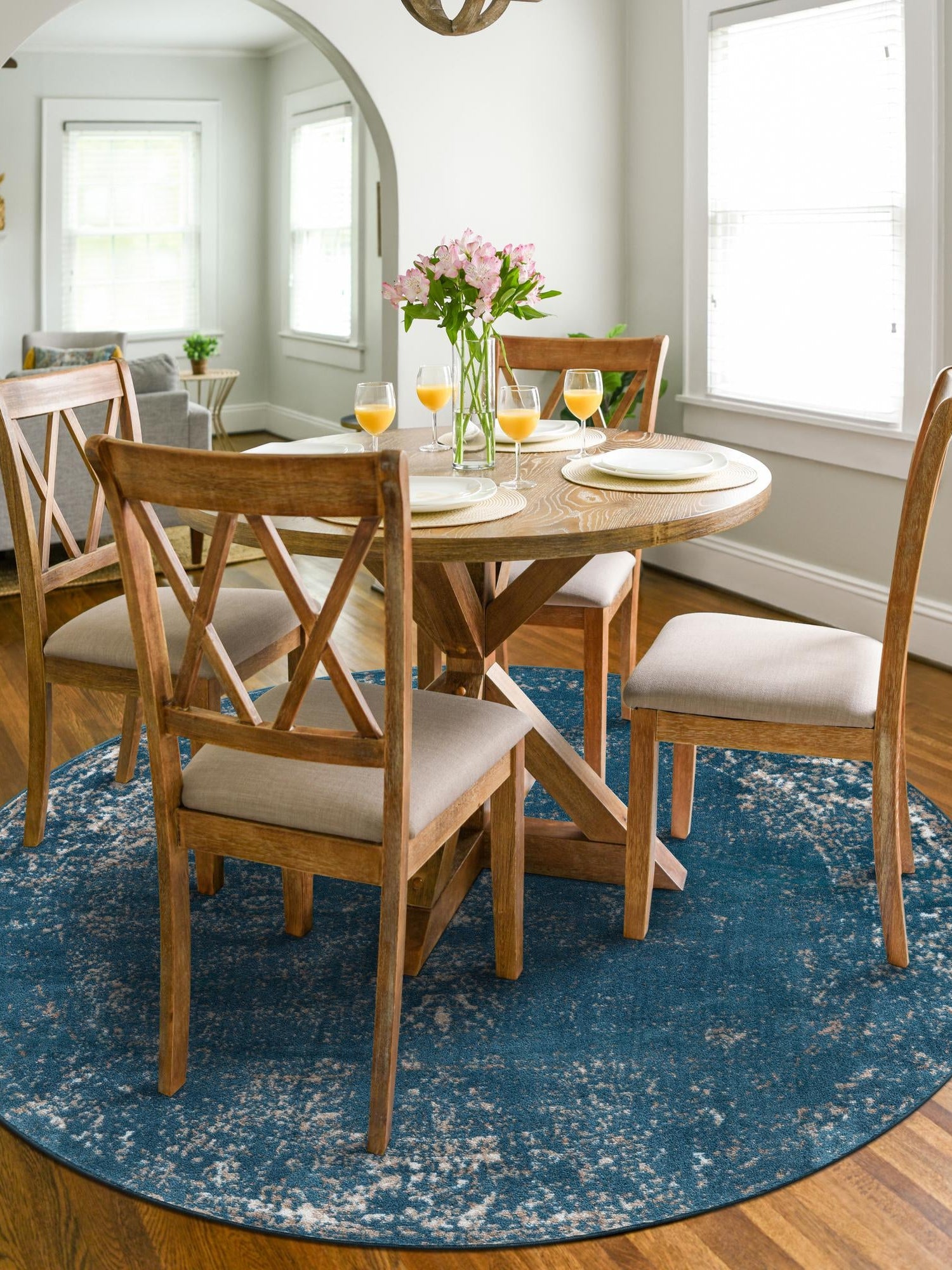 Blue 7' 1 x 7' 1 Sofia Round Area Rug Durable Easy Clean Stain Resistant Unique Carpet for Affordable Interior Home Design for Sale at Rug Engine