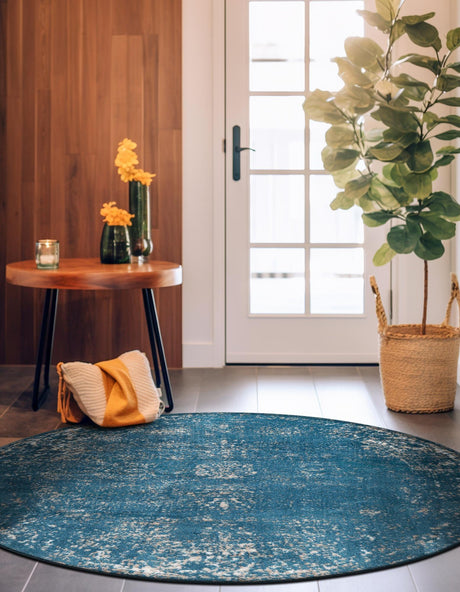 Blue 5' 3 x 5' 3 Sofia Round Area Rug Durable Easy Clean Stain Resistant Unique Carpet for Affordable Interior Home Design for Sale at Rug Engine