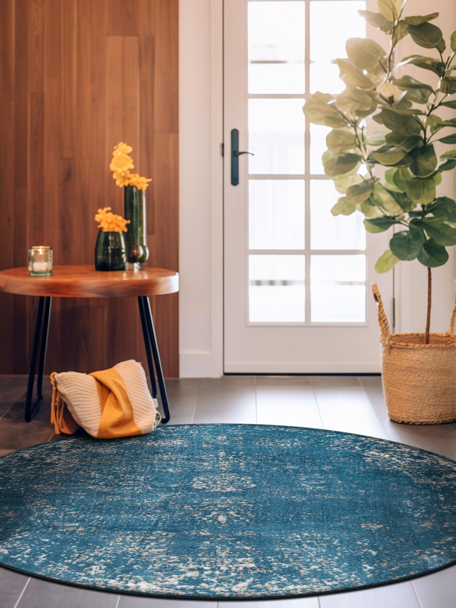 Blue 7' 1 x 7' 1 Sofia Round Area Rug Durable Easy Clean Stain Resistant Unique Carpet for Affordable Interior Home Design for Sale at Rug Engine