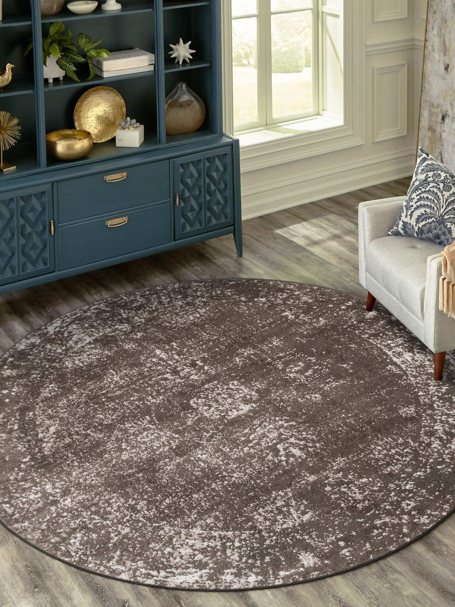 Brown 5' 3 x 5' 3 Sofia Round Area Rug Durable Easy Clean Stain Resistant Unique Carpet for Affordable Interior Home Design for Sale at Rug Engine