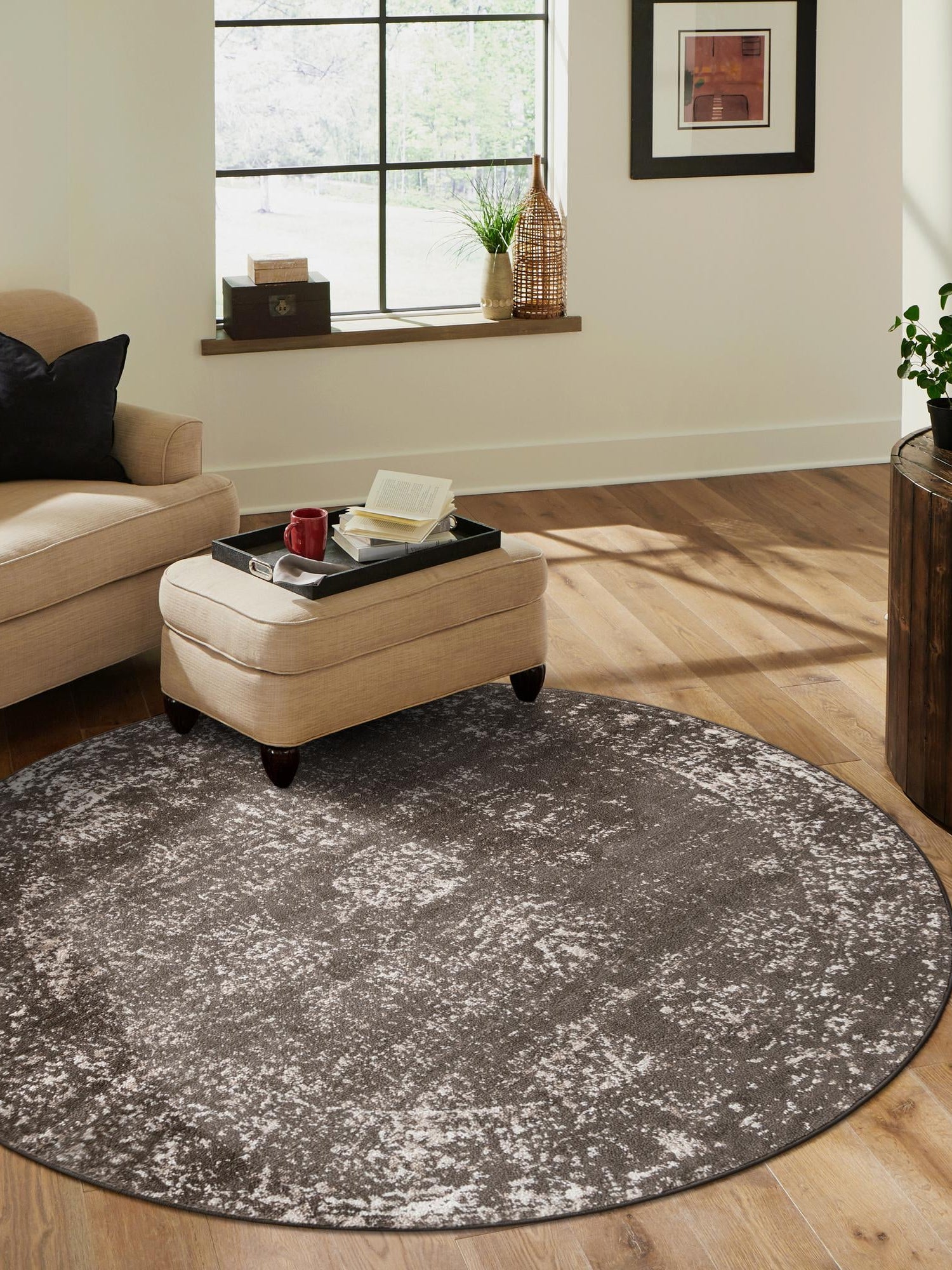 Brown 5' 3 x 5' 3 Sofia Round Area Rug Durable Easy Clean Stain Resistant Unique Carpet for Affordable Interior Home Design for Sale at Rug Engine