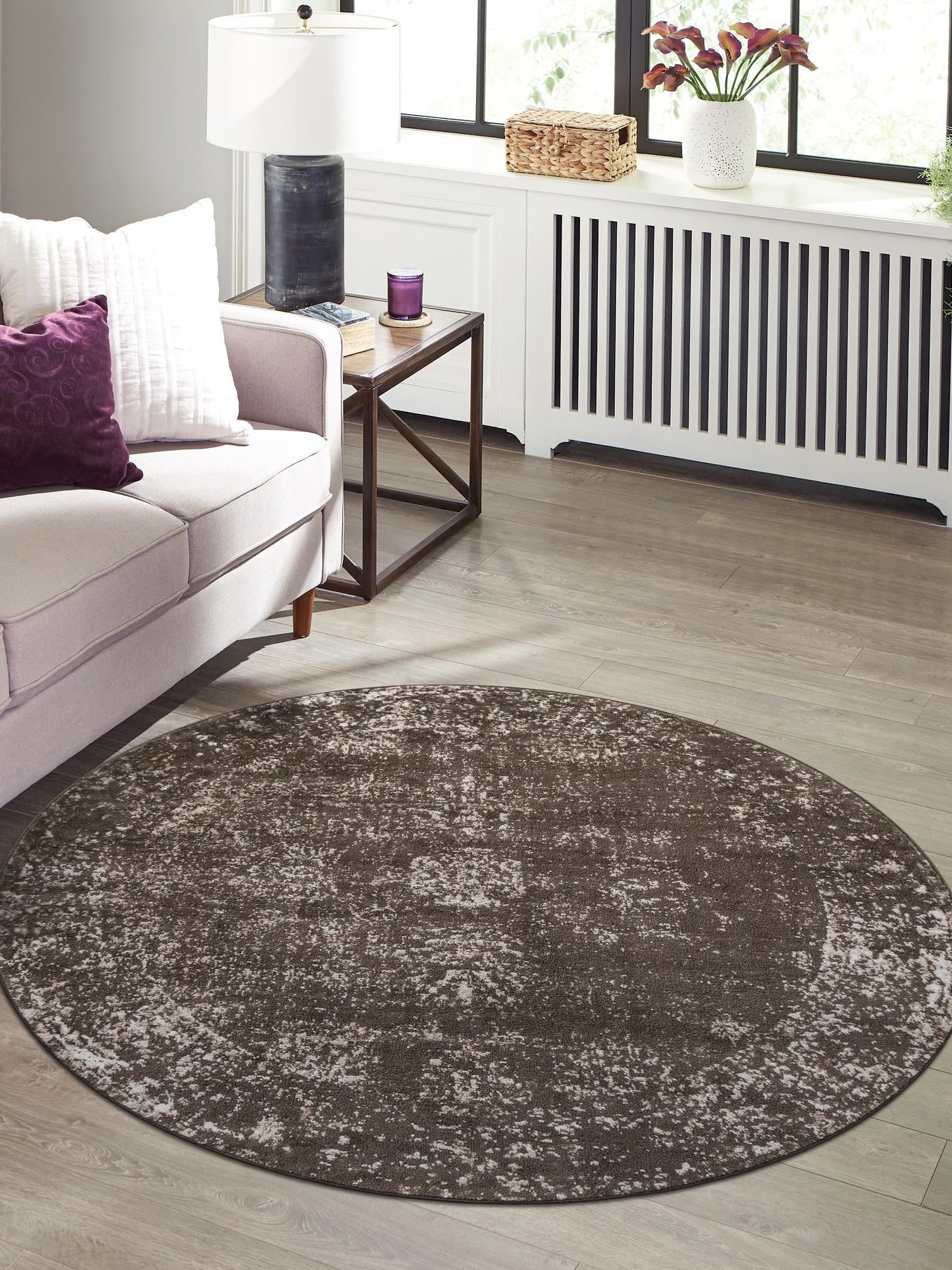 Brown 5' 3 x 5' 3 Sofia Round Area Rug Durable Easy Clean Stain Resistant Unique Carpet for Affordable Interior Home Design for Sale at Rug Engine