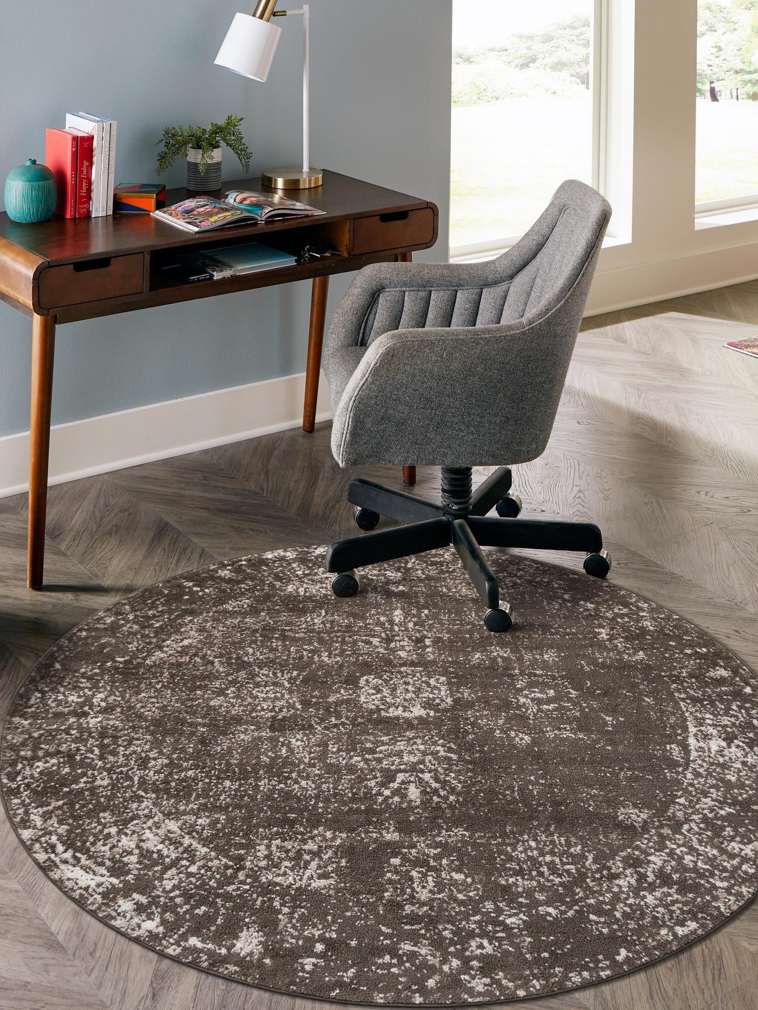 Brown 5' 3 x 5' 3 Sofia Round Area Rug Durable Easy Clean Stain Resistant Unique Carpet for Affordable Interior Home Design for Sale at Rug Engine